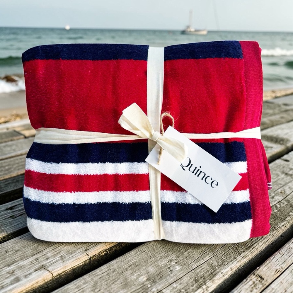Quince Cabana Stripe Beach Towels (Set of 2) in Red, White, & Navy | NWT